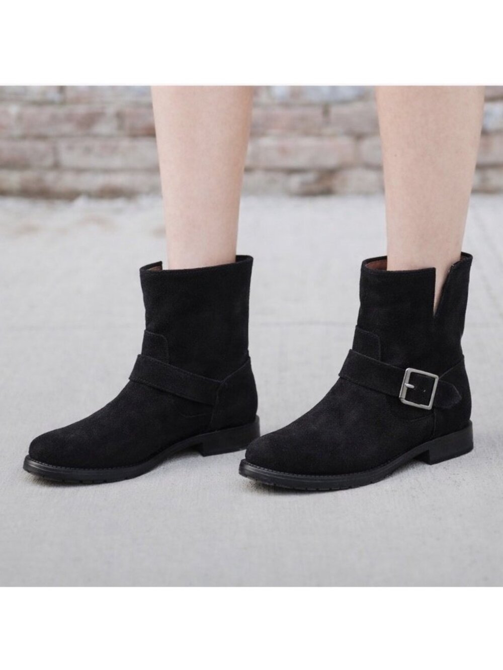 FRYE Natalie Short Engineer Black Suede Leather Moto Biker Boots womens 6.5 B